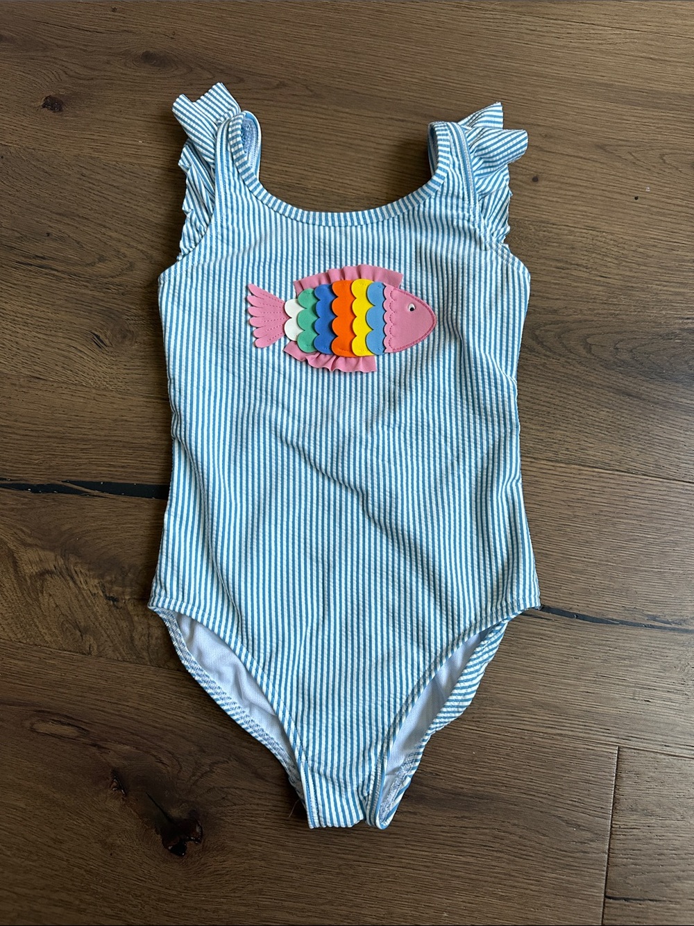 Mini Boden Blue & White Striped One-Piece Swimsuit with Rainbow Fish